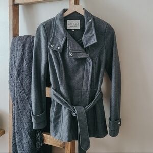 Rachel Roy Wool Blend Gray Trench Coat | Belted Wrap Jacket | Size XS